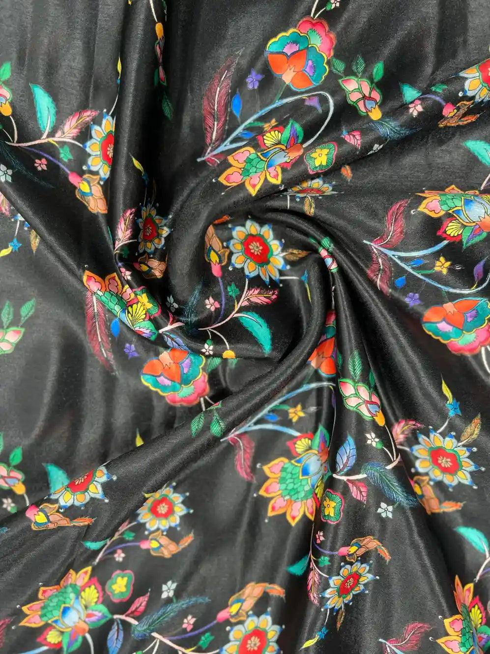 Black Floral Pattern Velvet Satin Fabric