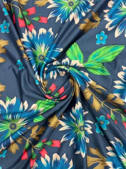 Blue Colour Flower Pattern Lycra Fabric