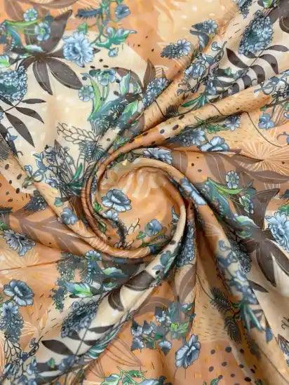 Brown Leaf Pattern Georgette Fabric