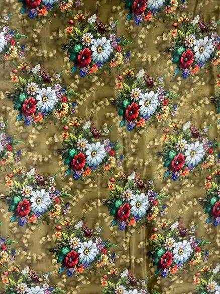 Brown & Flower Velvet Satin Fabric