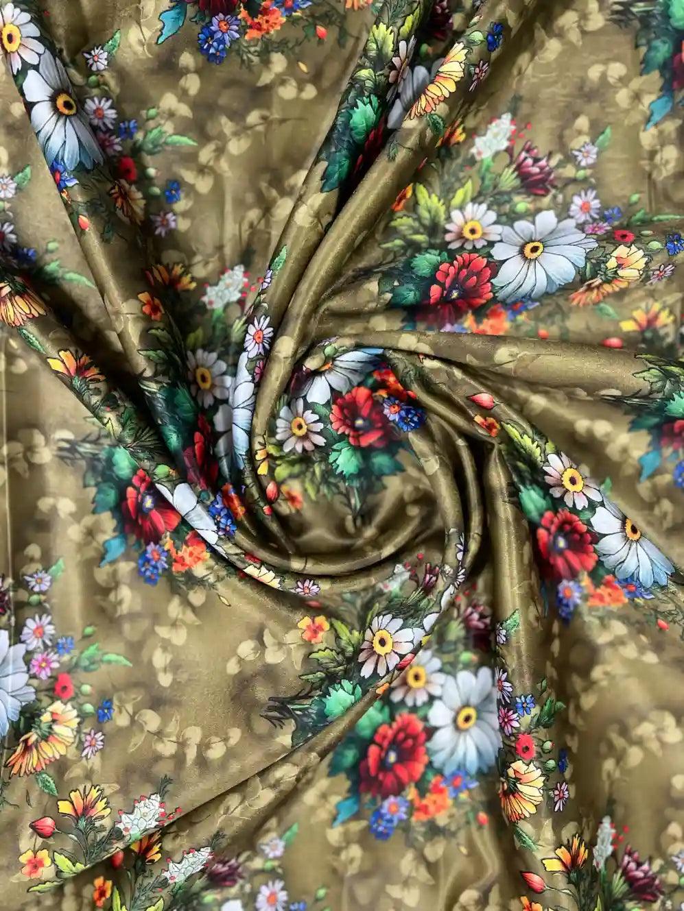 Brown & Flower Velvet Satin Fabric