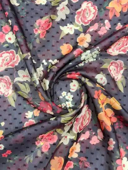 Black & Flower Pattern Georgette Fabric