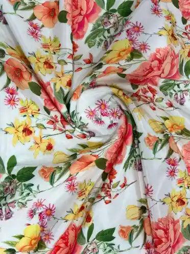 White & Floral Pattern Polyester Crape Fabric