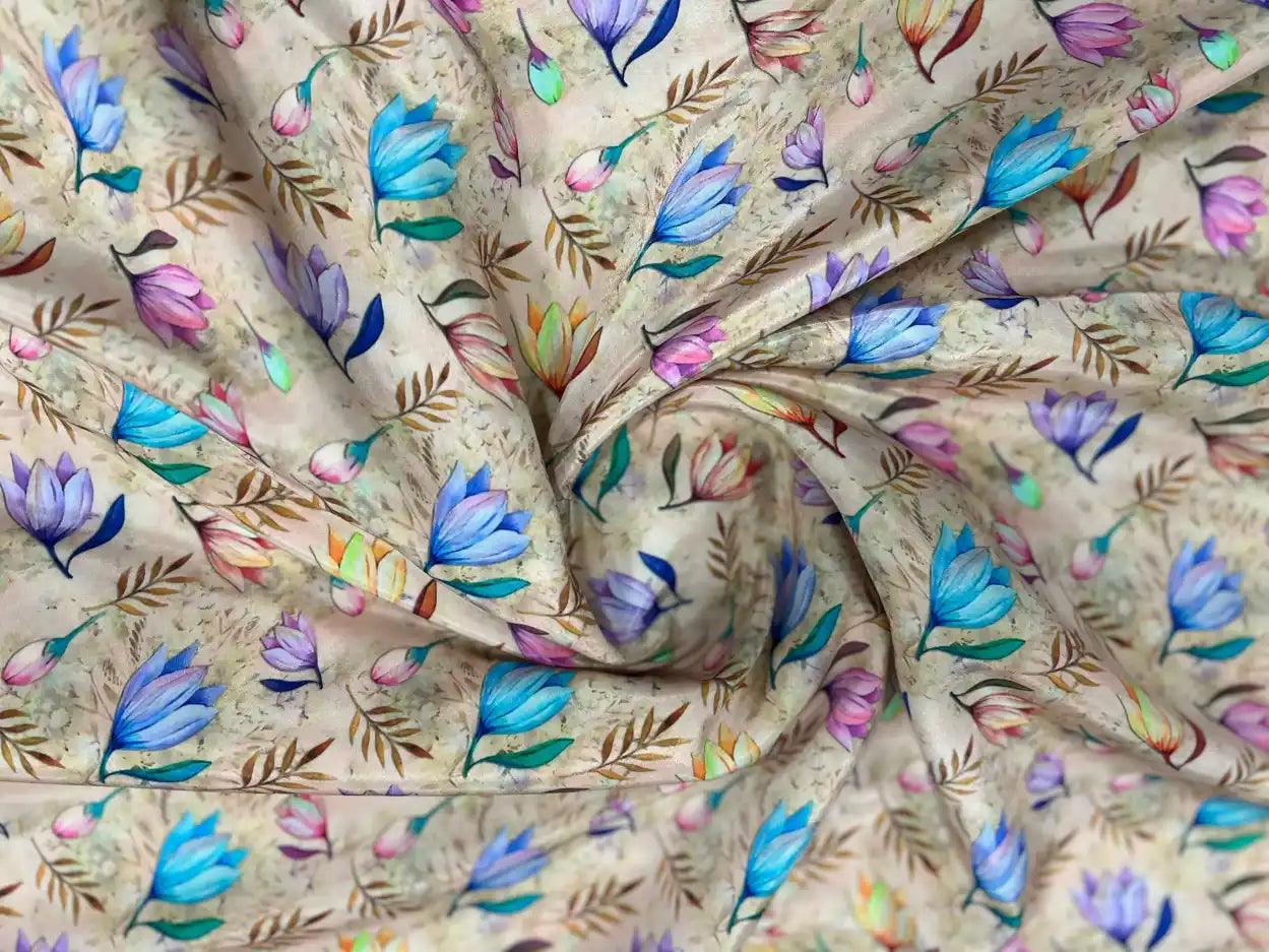 Lotus & Beige Pattern Polyester Crape Fabric