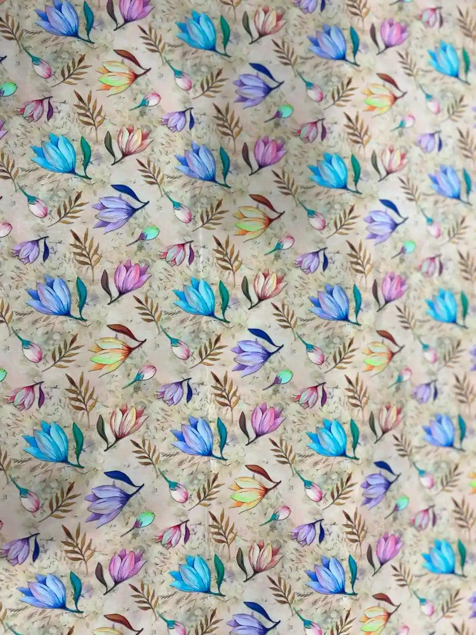 Lotus & Beige Pattern Polyester Crape Fabric