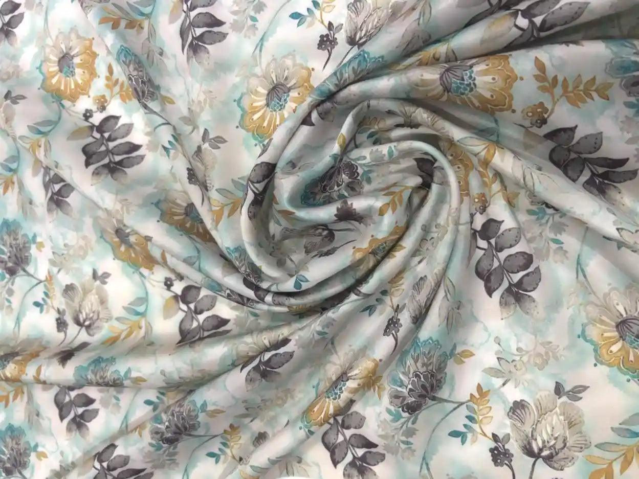 Leaf & Flower Pattern Satin Fabric