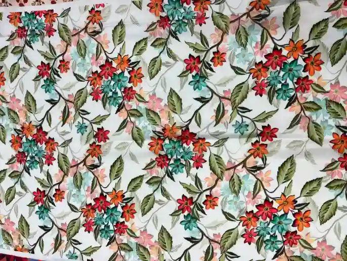 Flower & Leaf Pattern Satin Fabric