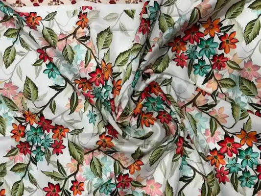 Flower & Leaf Pattern Satin Fabric