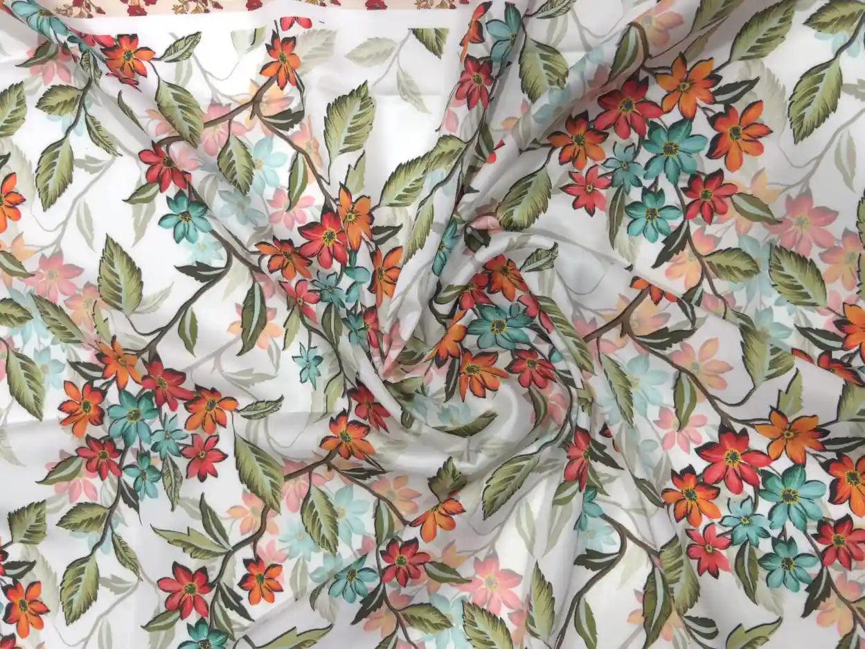 Flower & Leaf Pattern Satin Fabric