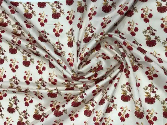 Red & White Flower Satin Fabric