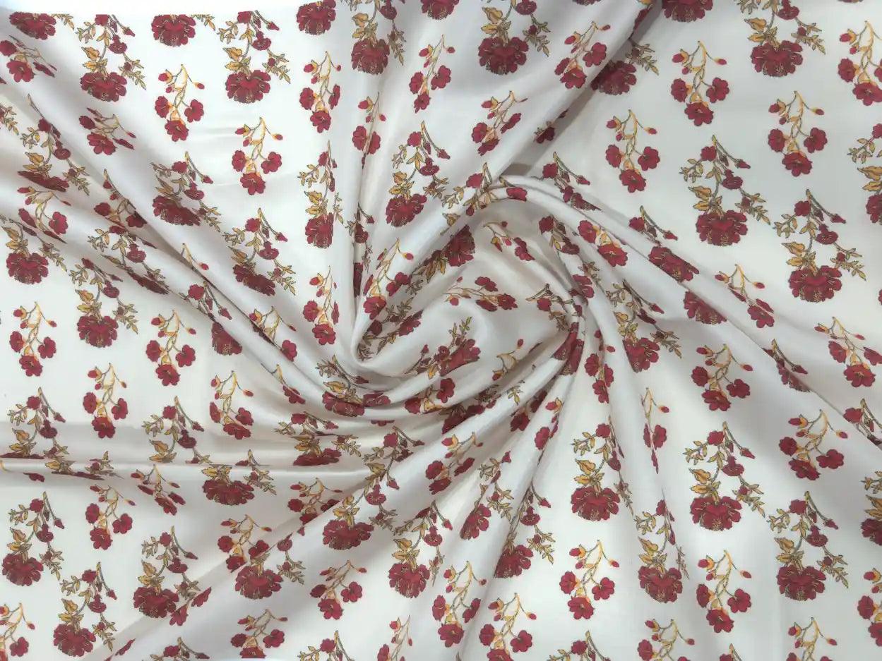 Red & White Flower Satin Fabric